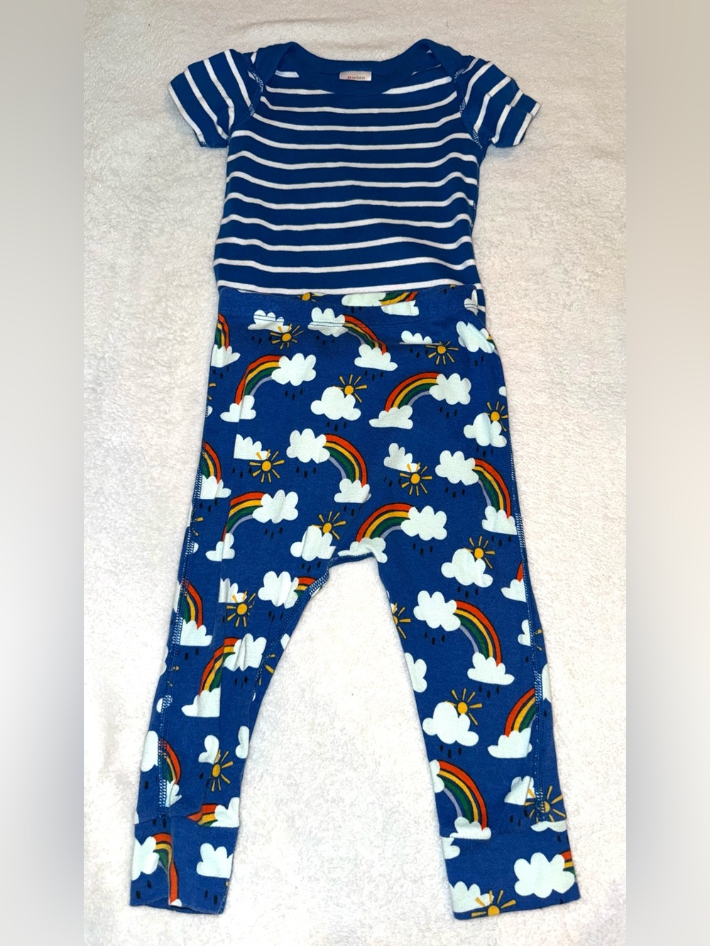 Hanna Andersson blue/white striped bodysuit with “Rain or Shine” print pants, 2T